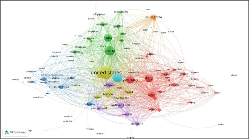 Geographical distribution of countries who have contributed in the field related to the subject areas; edible insects, consumer acceptance, environmental sustainability, sustainable food sources, and nutritional composition.
